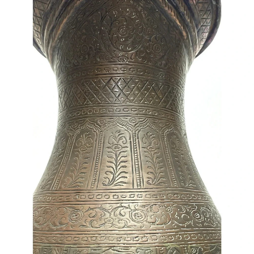 Antique Indo Persian Engraved Copper Ewer Pitcher Jug 12” Heavy 50oz